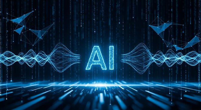 AI Artificial Intelligence Digital Network Data Flow Abstract 3D Render Typography Illustration for Technology and Future Concepts