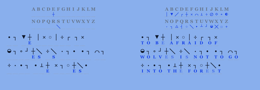 Cryptogram symbols and encoded text on blue background  
