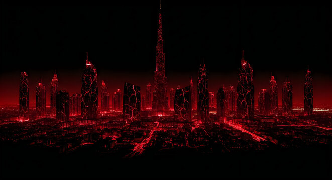 Futuristic dubai skyline at night with glowing red lavalike cracks on skyscrapers, dark apocalyptic city concept, cyberpunk aesthetic, digital art representation of a dystopian urban landscape