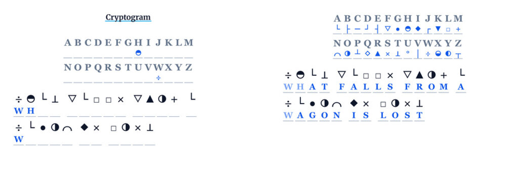 Cryptogram puzzle with letters and symbols on white background  