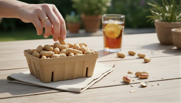 Person reaching for organic peanuts during outdoor snack