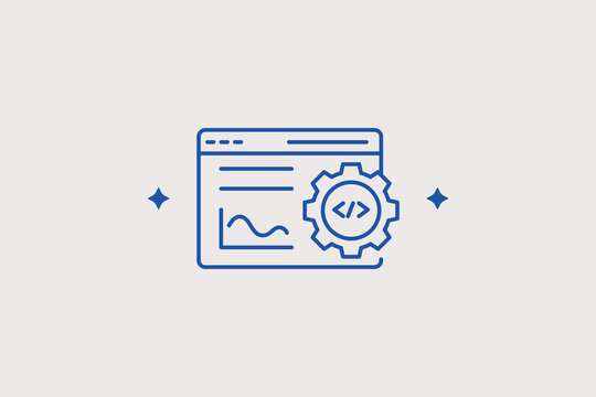Web browser code with gear line icon for website development for tech project deployment. Professional vector illustration for programming platforms, software engineering, or internet application stra