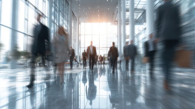 Busy office lobby at sunset with many people walking and engaging in different activities during a workday