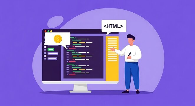 Man presenting HTML code on a computer screen in an office