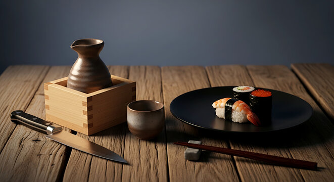 Still life, Wabi-sabi. a sake carafe (tokkuri) and a small ceramic cup (choko) next to a minimalist arrangement of two pieces of sushi on a black plate 