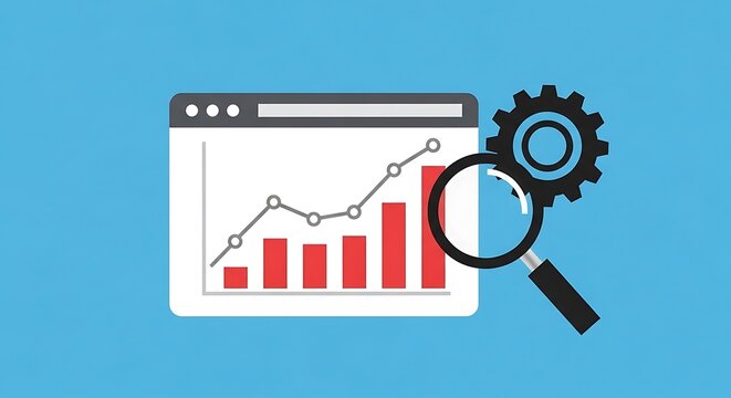 A magnifying glass examines a graph on a browser screen with a gear.