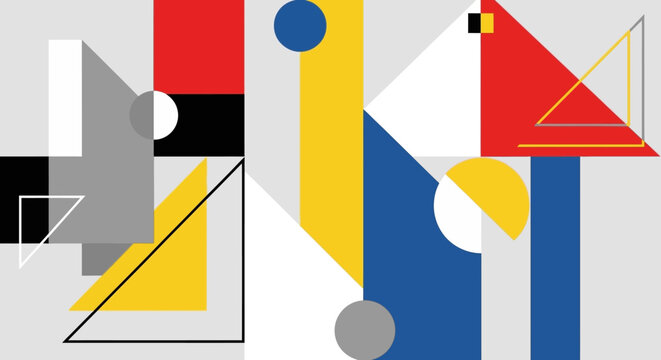 Abstract geometric art with primary colors and shapes on gray background