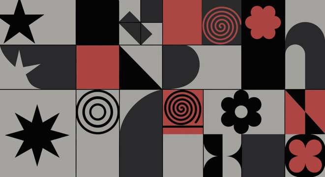 Abstract geometric pattern with stars, flowers, and spirals in red and gray