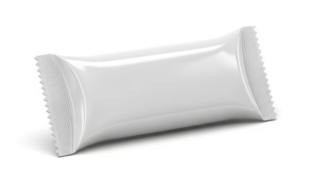 Empty white snack wrapper with scalloped edges lying flat