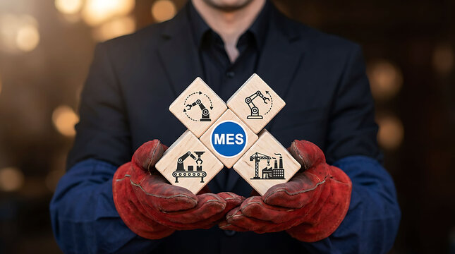 Manufacturing execution system MES concept with industrial automation icons on wood blocks