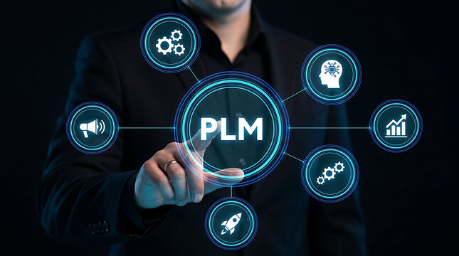 PLM Product Lifecycle Management concept business man touching digital screen interface