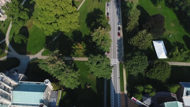 Aerial view of Vassar College featuring collegiate gothic architecture, green roofs and lush campus greenery in Poughkeepsie, New York, United States.