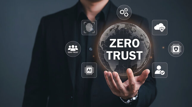 Businessman holding globe with zero trust architecture cybersecurity network data protection