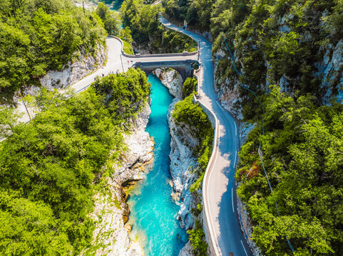 Amazing view of Soca river and Napoleon's bridge near Kobarid (Caporetto) Slovenia