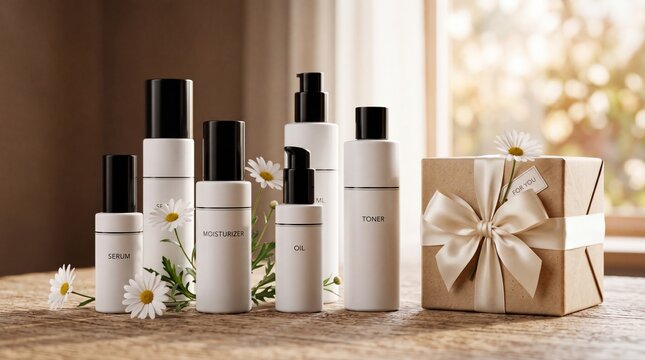 Skincare products and gift box with white flowers on wooden table by window with natural light