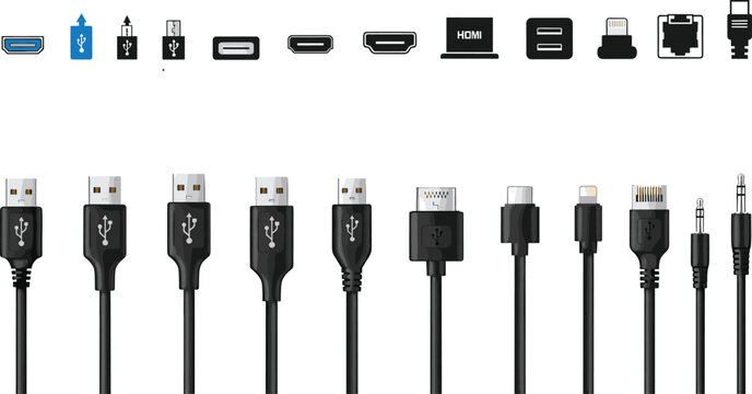 Computer Cable and Connector Vector Illustration Set Featuring USB Type C Micro USB HDMI Lightning and Audio Jack Plugs with Port Icons for Tech Support Electronics Hardware and Connectivity Graphic 