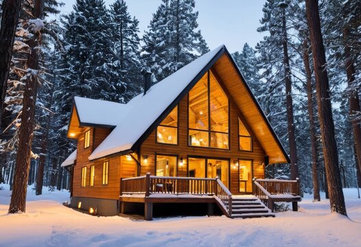 A-frame cabin with warm lights glowing in a snow-covered forest