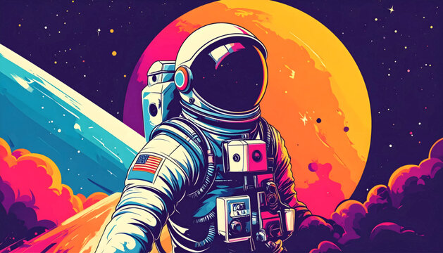 Astronaut in a colorful space scene with planets and stars.