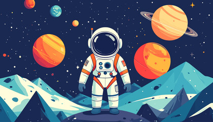 Astronaut standing on a planet with moons and stars in the background. © Ridwan