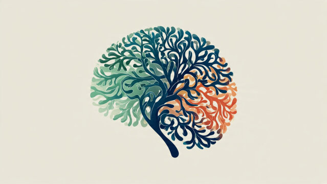 Colorful Brain Tree Illustration with Orange Blue Green Shades for Mental Health Concept