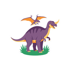 Purple dinosaur with yellow horns standing. © nath