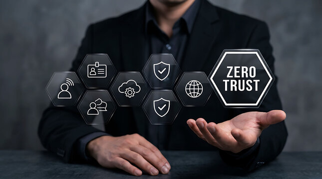 Businessman holding zero trust network security architecture icons for cyber defense