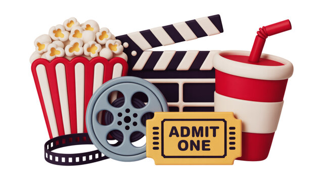 Popcorn and movie clapper board with film icons set on colorful background Vector