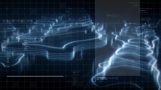 Futuristic digital topographic map HUD with glowing neon contour lines, abstract 3D terrain visualization, modern data technology and cyber landscape concept