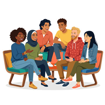 Diverse group of friends laughing and talking while sitting together on a couch