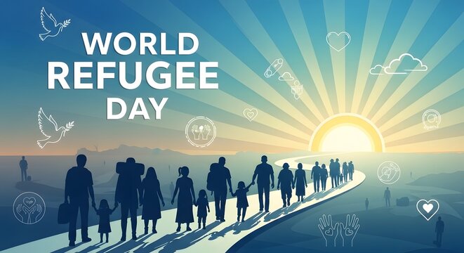 World refugee day conceptual illustration with silhouettes of people walking