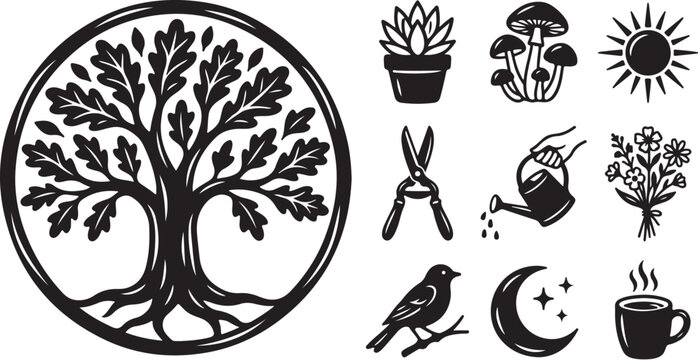 Tree of Life with Gardening Tools Icons Set