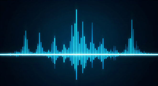 Glowing blue digital audio waveform visualization featuring vertical bars representing sound frequency levels against a deep dark black background scene