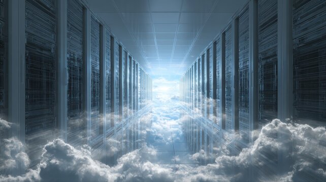 Bright light shines through a data center filled with computer servers and clouds on the floor during daytime
