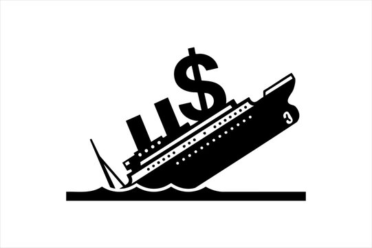 Sinking steamship representing financial crisis or economic downfall with dollar currency sign symbol, downfall