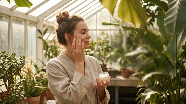 Skincare portrait of a peaceful woman applying moisturizing cream on her face inside a bright greenhouse surrounded by green plants.