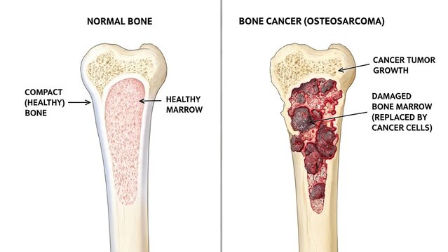 Anatomical Comparison Diagram of Normal Bone vs Osteosarcoma Bone Cancer Showing Tumor Growth and Damaged Bone Marrow Structure