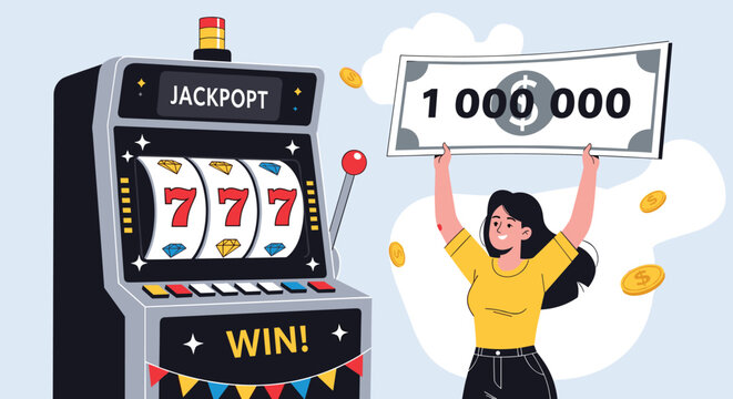 Happy woman holding a giant check for one million dollars after winning the jackpot at a slot machine in a casino.