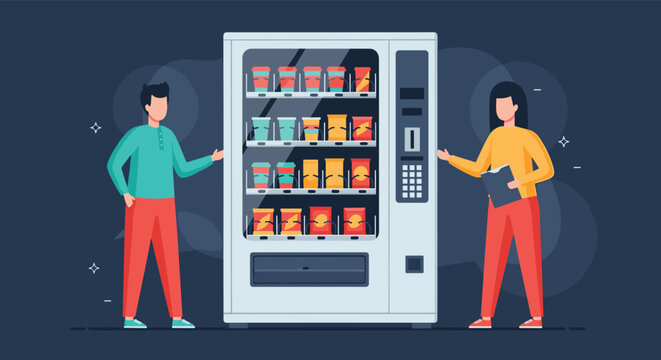 Man and woman standing by a large white vending machine filled with assorted snacks and drinks in an office environment.