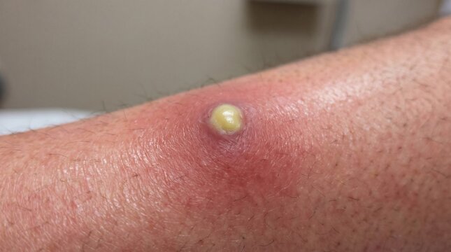Close-up View of a Skin Abscess on Human Arm with Infection.