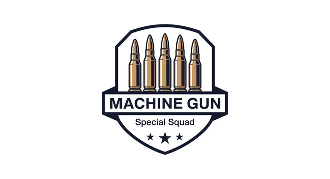 Circular military emblem featuring a row of rifle bullets and a shield with machine gun special squad text and stars.