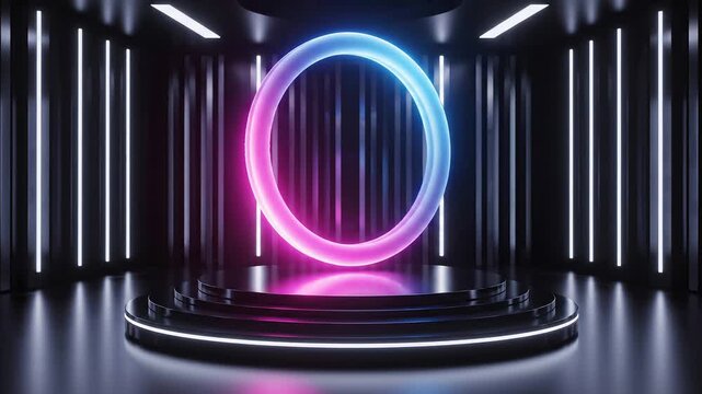 Elegant High Tech Neon Platform in Dark Studio