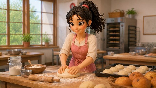 クレイアニメ風の女性キャラクターがピンクのエプロンをつけてパン工房でパン生地をこねるシーン