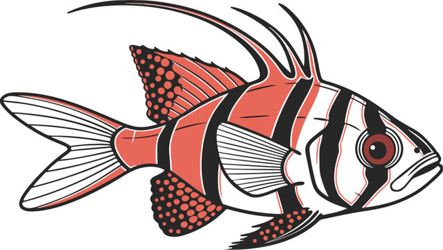 Colorful striped fish with red eye and fins illustration