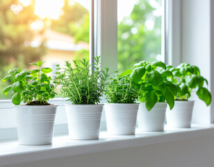 Fototapeta premium Fresh Potted Kitchen Herbs on a Bright Windowsill