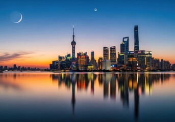 Fototapeta premium Beautiful shanghai city skyline with skyscrapers and moon reflection in the water at sunset twilight time