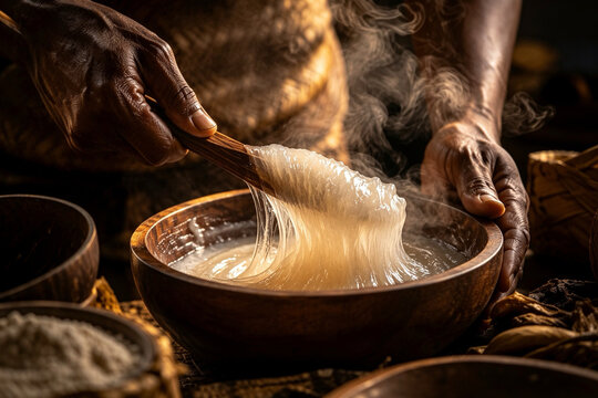 Hands stirring papeda, a traditional Maluku and Papuan specialty (Indonesia), in a wooden bowl with its distinctive chewy and elastic texture. Warm steam billows in the rustic, dramatica