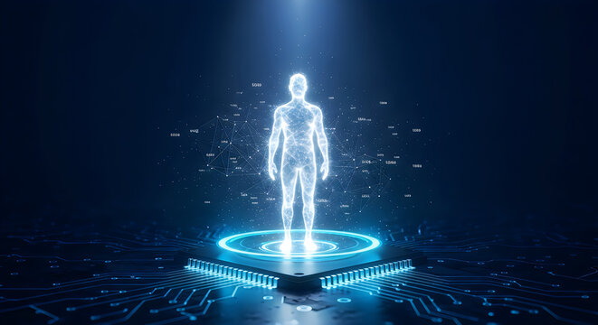 Glowing digital human silhouette standing on a high tech processor circuit board with floating network data points and bright light