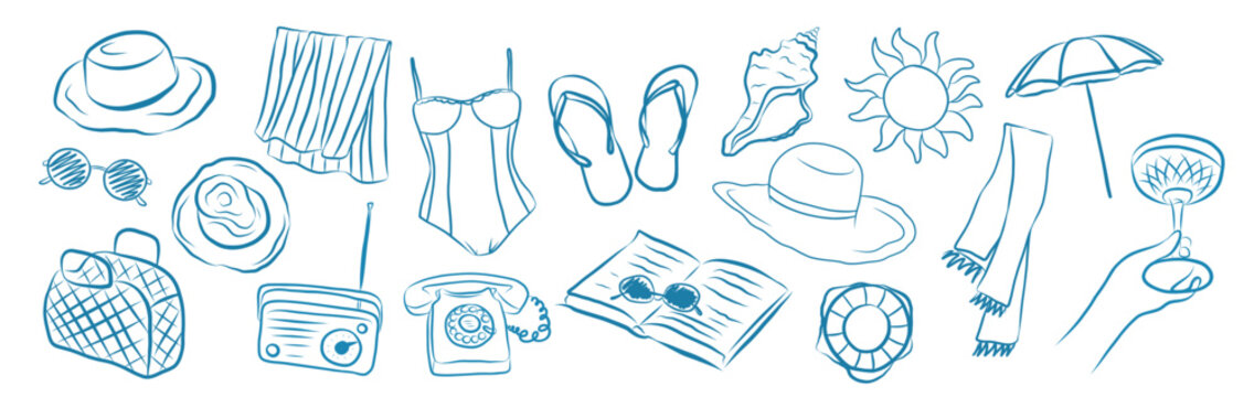 summer beach vacation doodle set outline style with sun hats, sunglasses, swimsuit, beach towel, flip flops, radio, seashells, umbrella, cocktail glass, book Whimsical Amalfi sketches line stickers