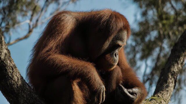 Orangutan sitting peacefully in an ancient rainforest