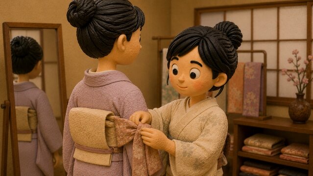 クレイアニメ風の女性キャラクターが着物着付けの教室で別の女性の帯を結んであげる和やかなシーン